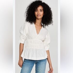 NEW Jonathan Simkhai Yuni Cotton Poplin Ruched Blouse White Size 8